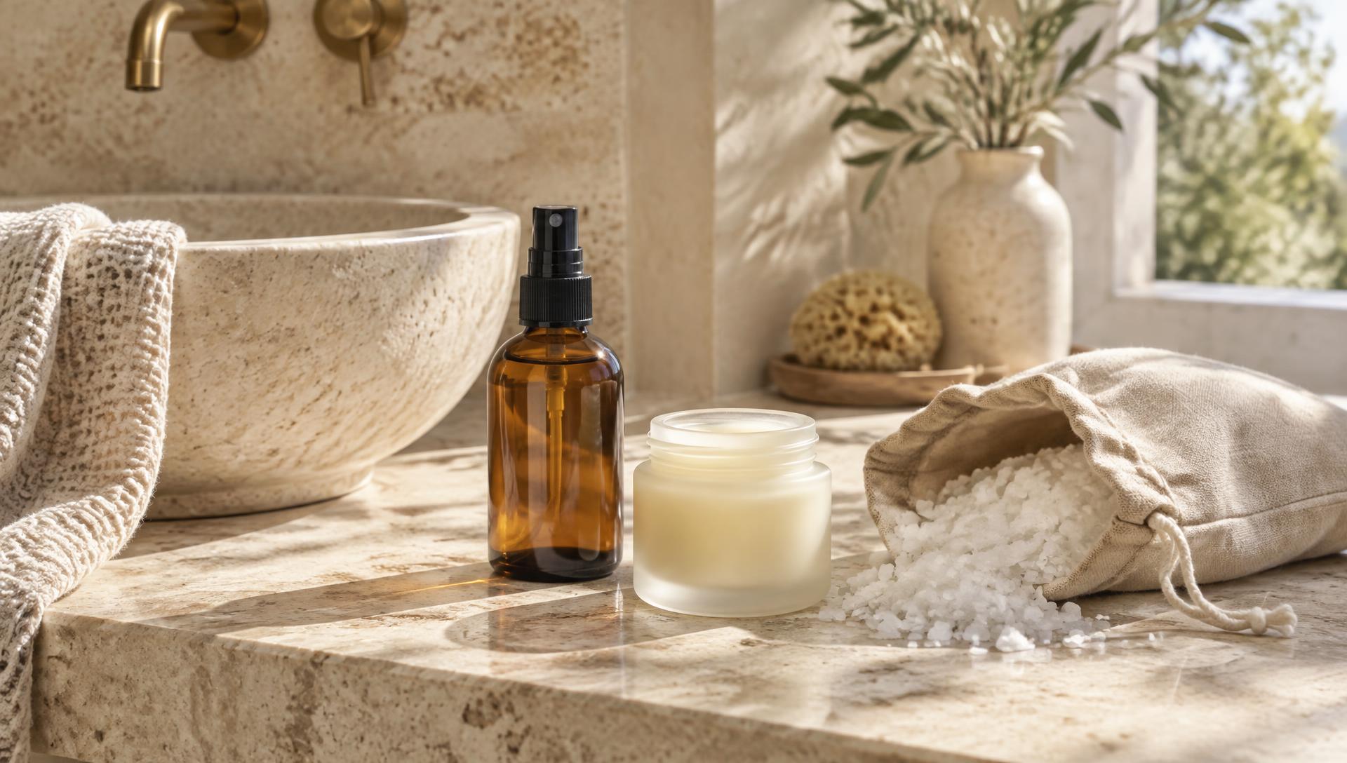 Magnesium spray, balm and bath flakes on a stone spa counter